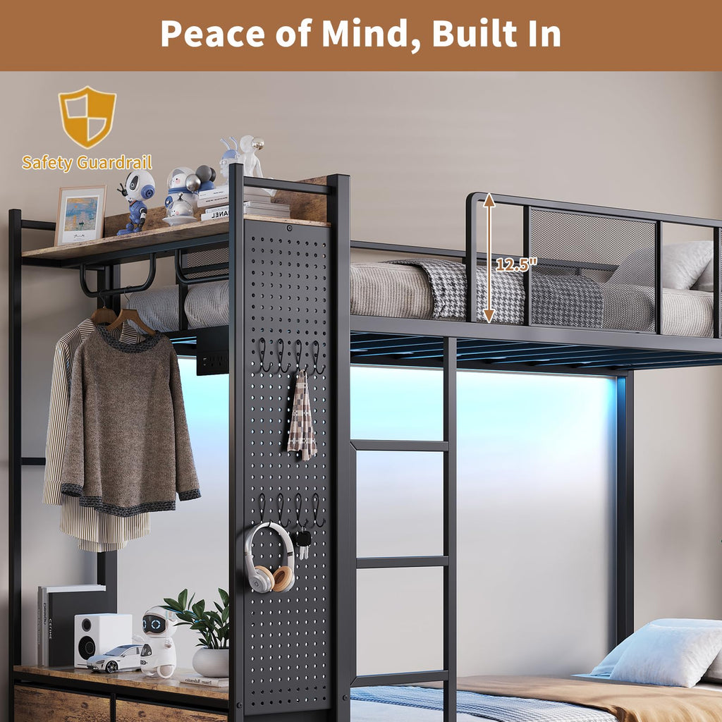 Twin Over Twin Metal Bunk Bed with Storage Drawers L9474