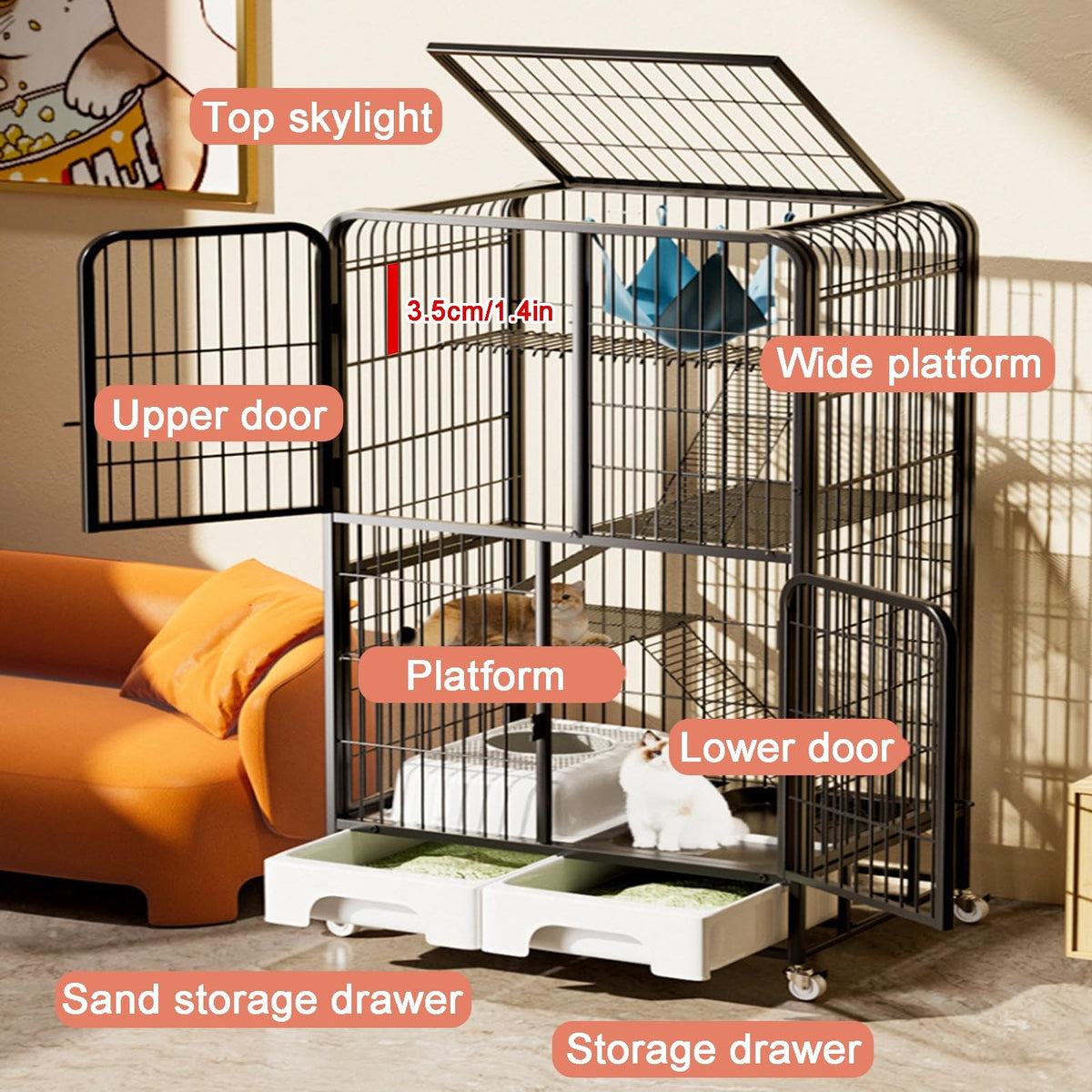 4-Tier Metal Cat Cage with Litter Box and Hammock L90990