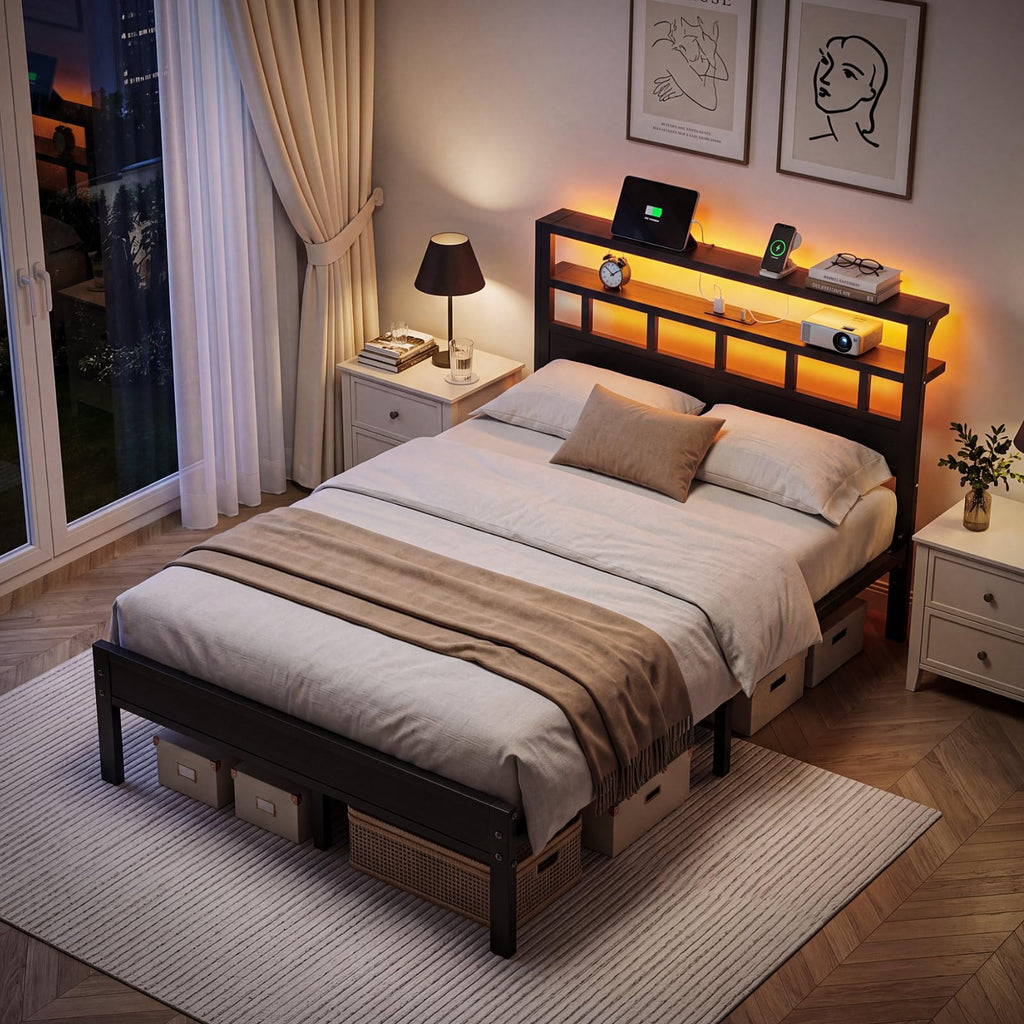Full Size Bed Frame with Charging Station and LED G48389