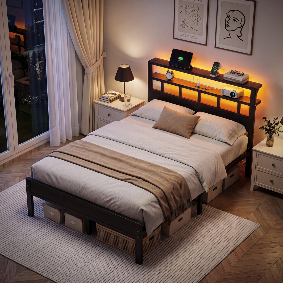 Full Size Bed Frame with Charging Station and LED G48389
