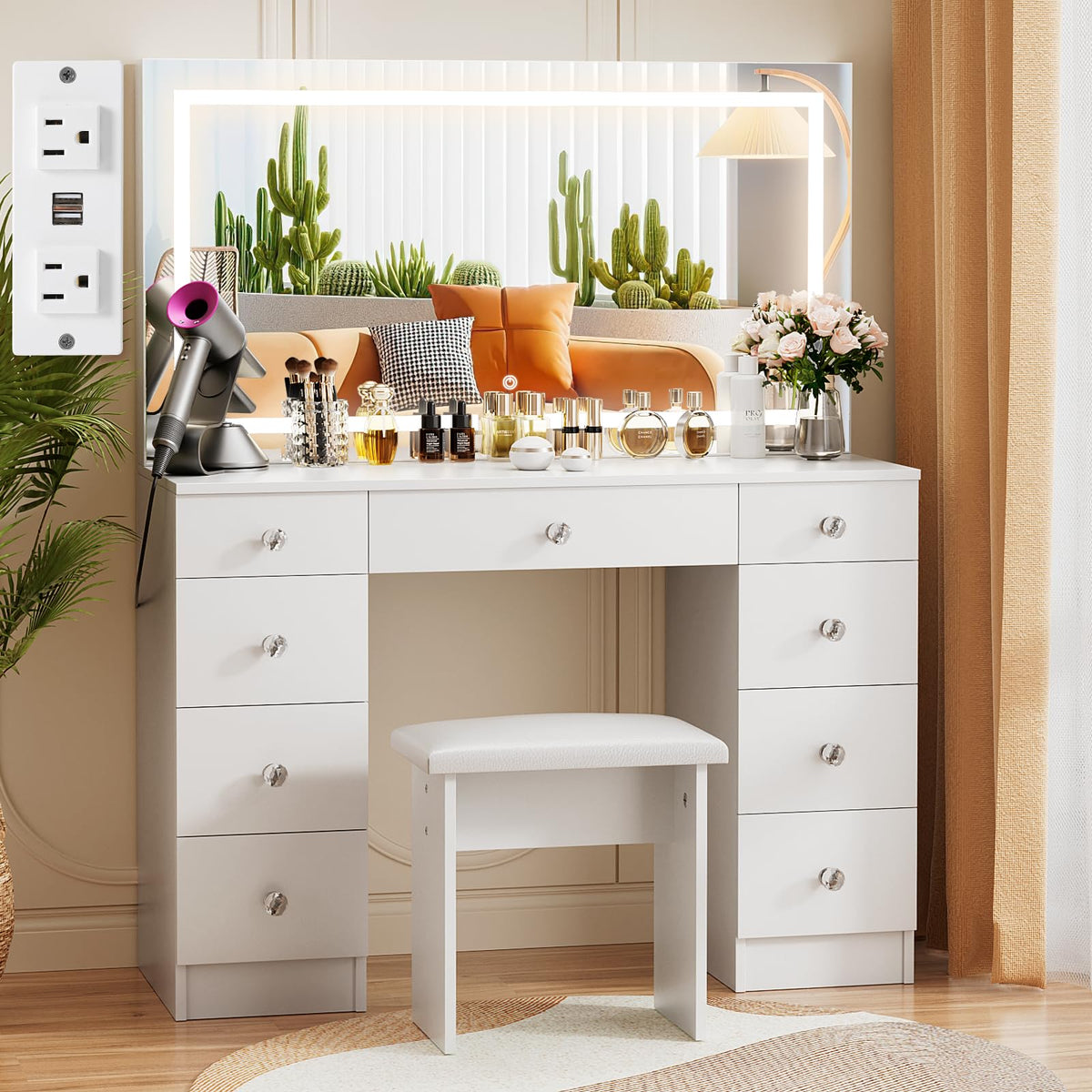 Vanity with Lighted Mirror and 9 Drawers O492730