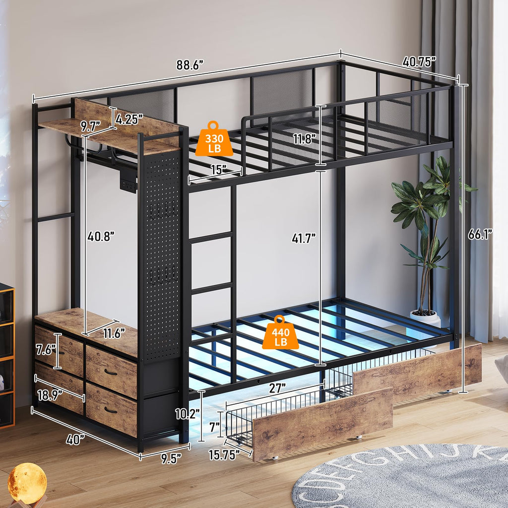 Twin Over Twin Metal Bunk Bed with Storage Drawers L9474