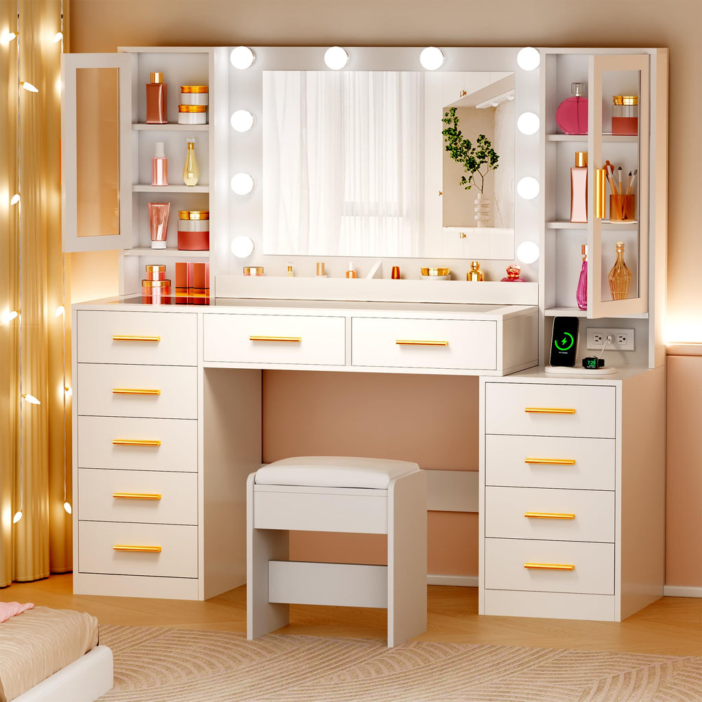 White Glass Top Vanity Desk with Mirror and Lights C37952