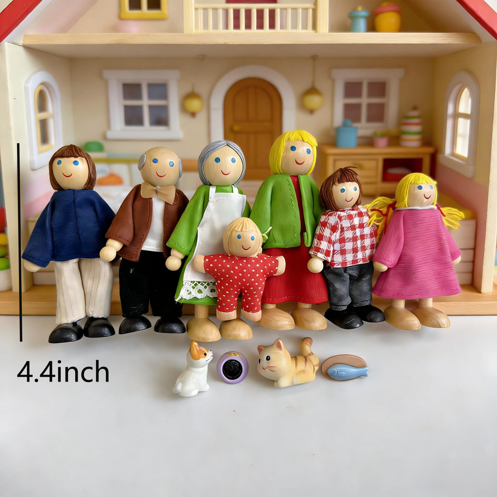 12 Pieces Wooden Dollhouse Family Set with Dog Cat Figures D217