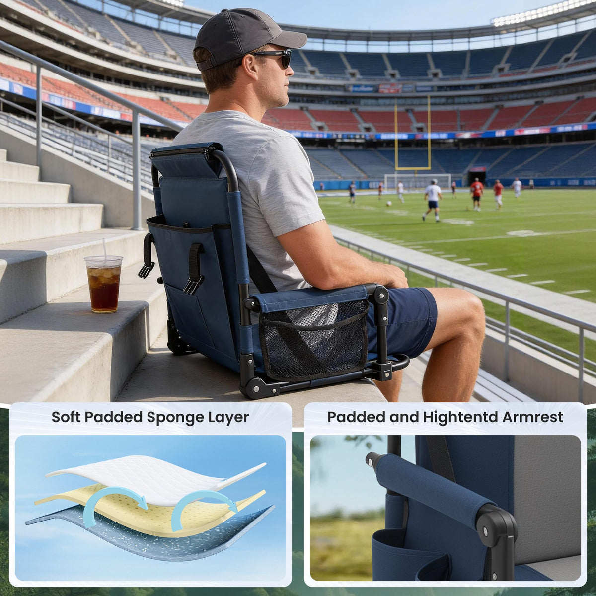 Portable Stadium Seat with Cup Holders & Armrests, Blue & Gray J79027