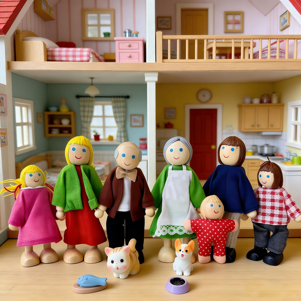12 Pieces Wooden Dollhouse Family Set with Dog Cat Figures D217