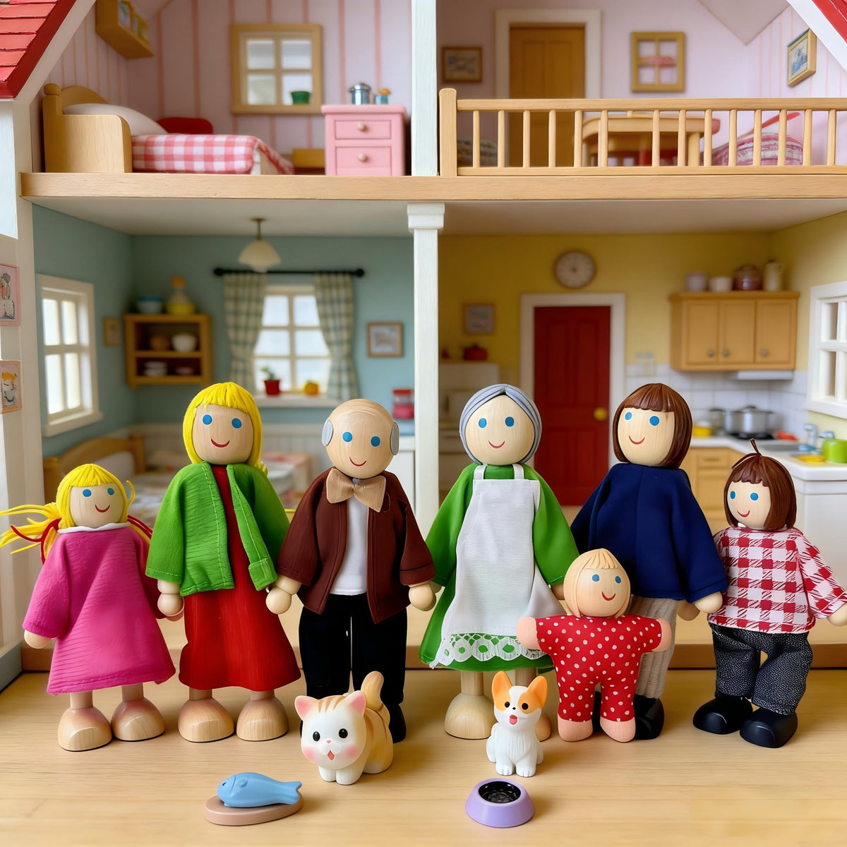 12 Pieces Wooden Dollhouse Family Set with Dog Cat Figures D217