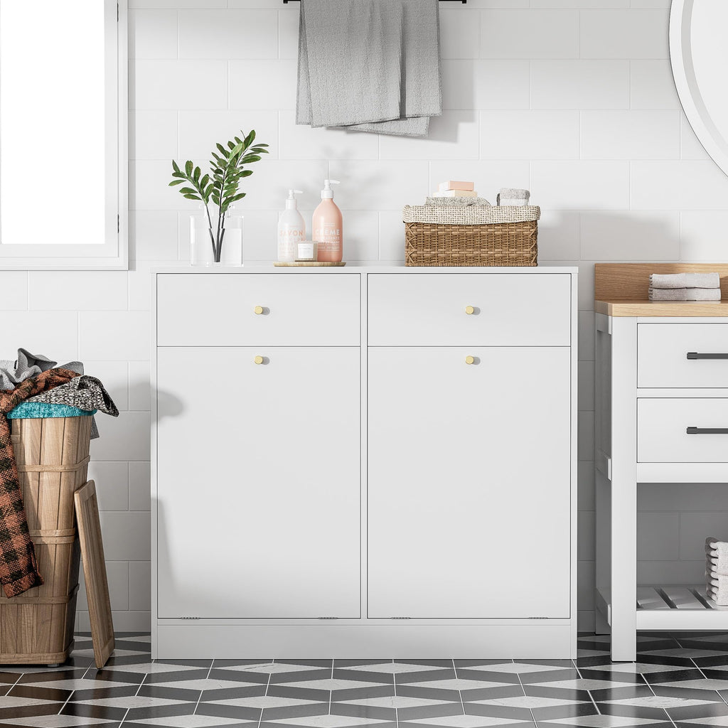 White Double Tilt Out Trash Can Cabinet with 2 Drawers A891