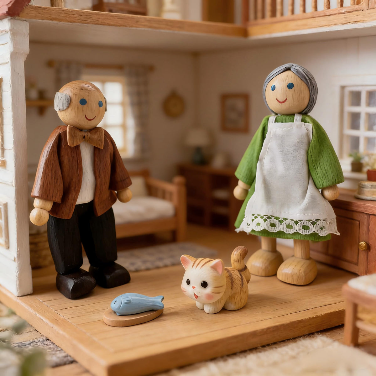 12 Pieces Wooden Dollhouse Family Set with Dog Cat Figures D217
