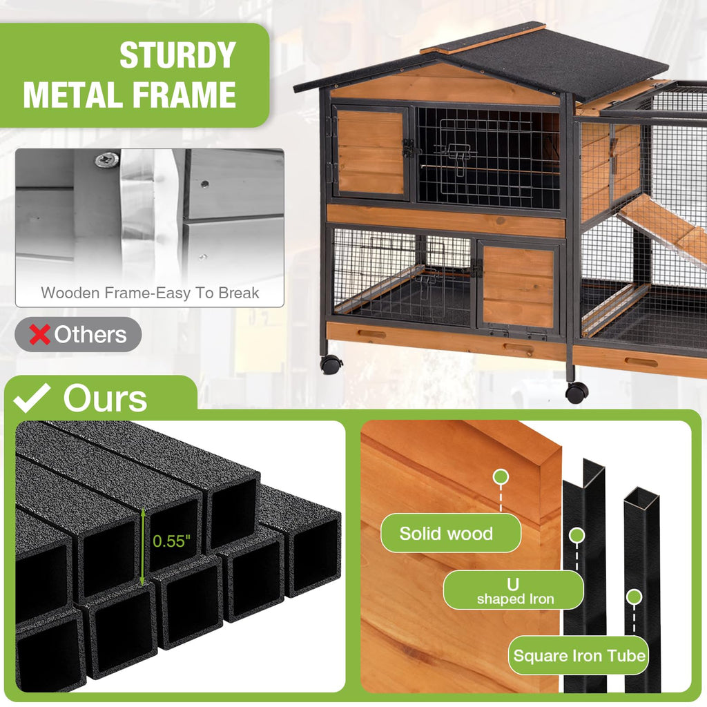 Wooden Rabbit Hutch with Wheels and Pull-Out Tray P109