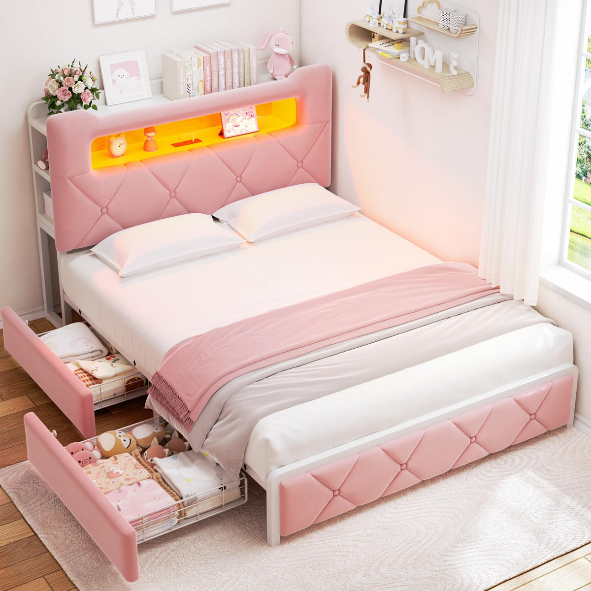 Pink Velvet Upholstered Platform Bed Frame with 2 Storage Drawers L8169