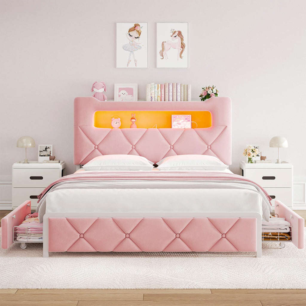 Pink Velvet Upholstered Platform Bed Frame with 2 Storage Drawers L8169