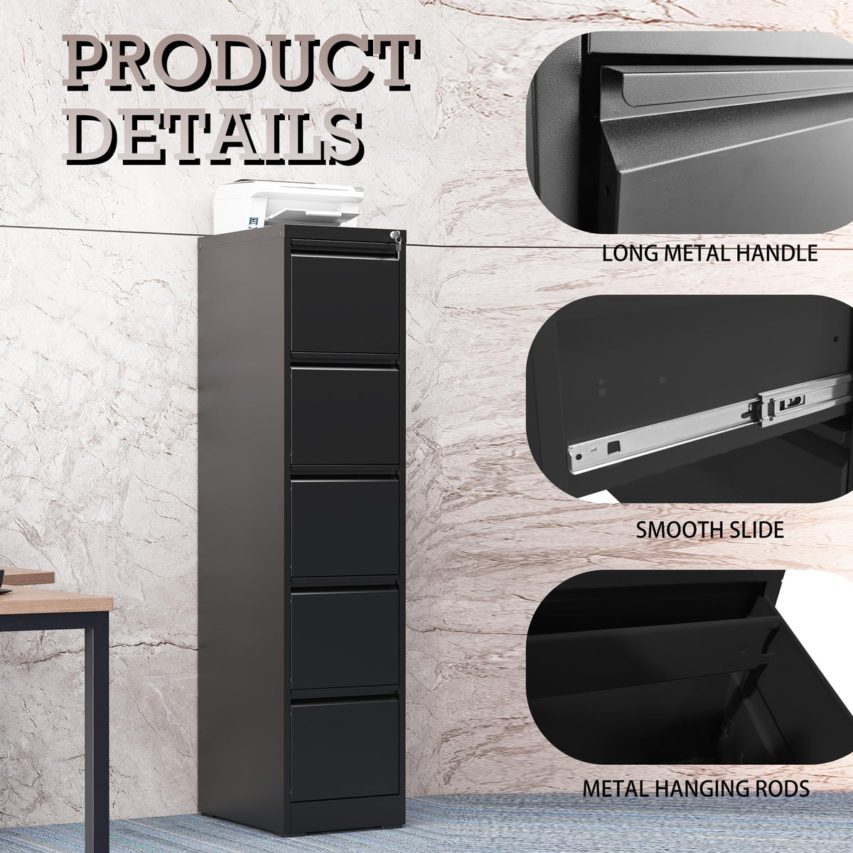 5 Drawer Black Filing Cabinet with Lock Q13527