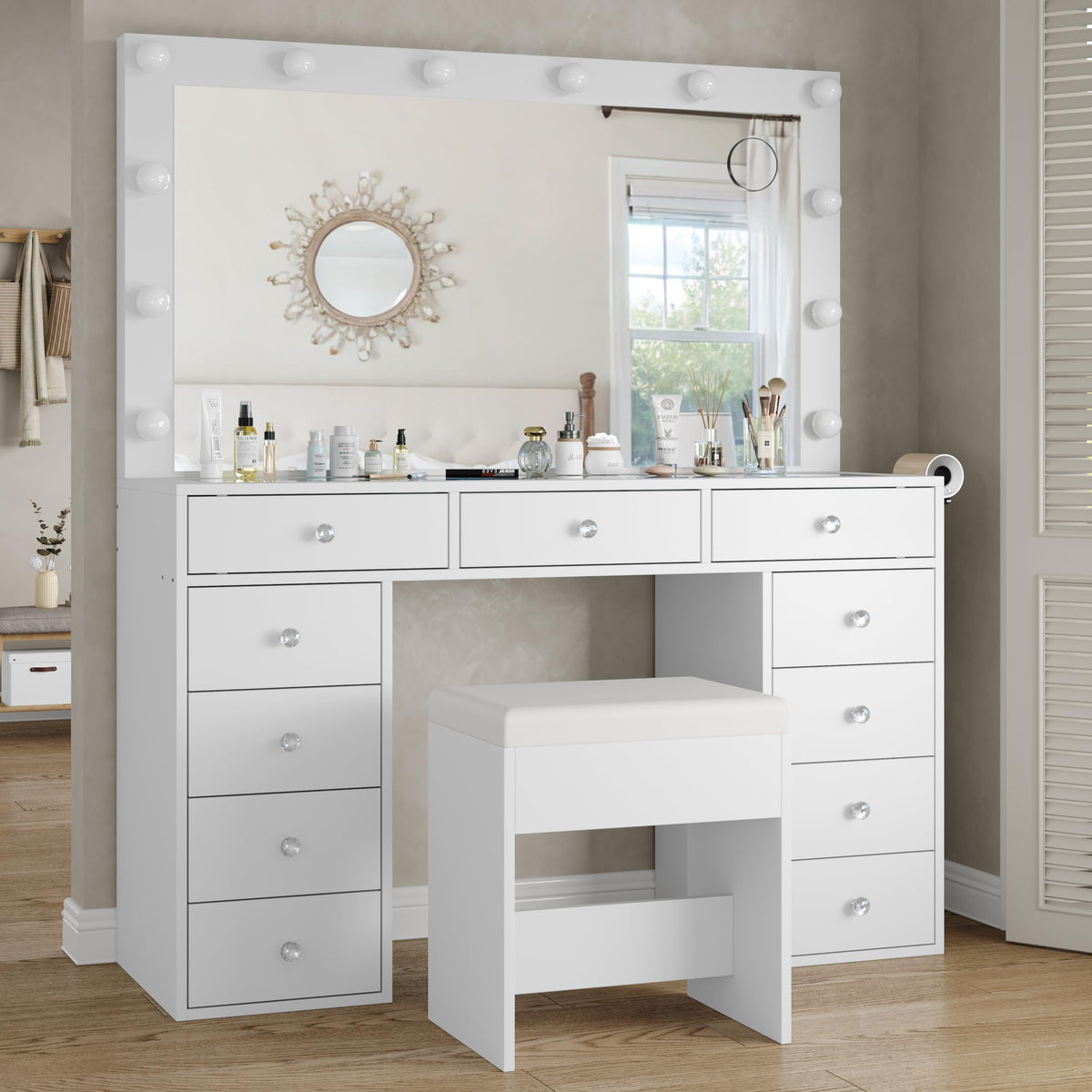 White Vanity Desk with Mirror and Chair O27249