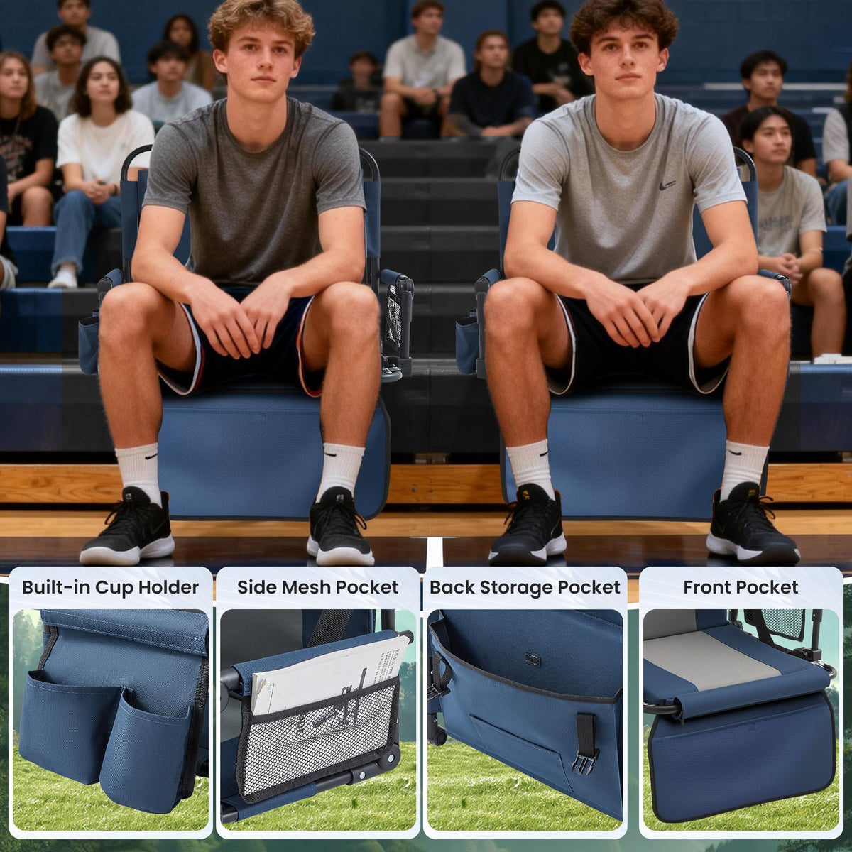 Portable Stadium Seat with Cup Holders & Armrests, Blue & Gray J79027