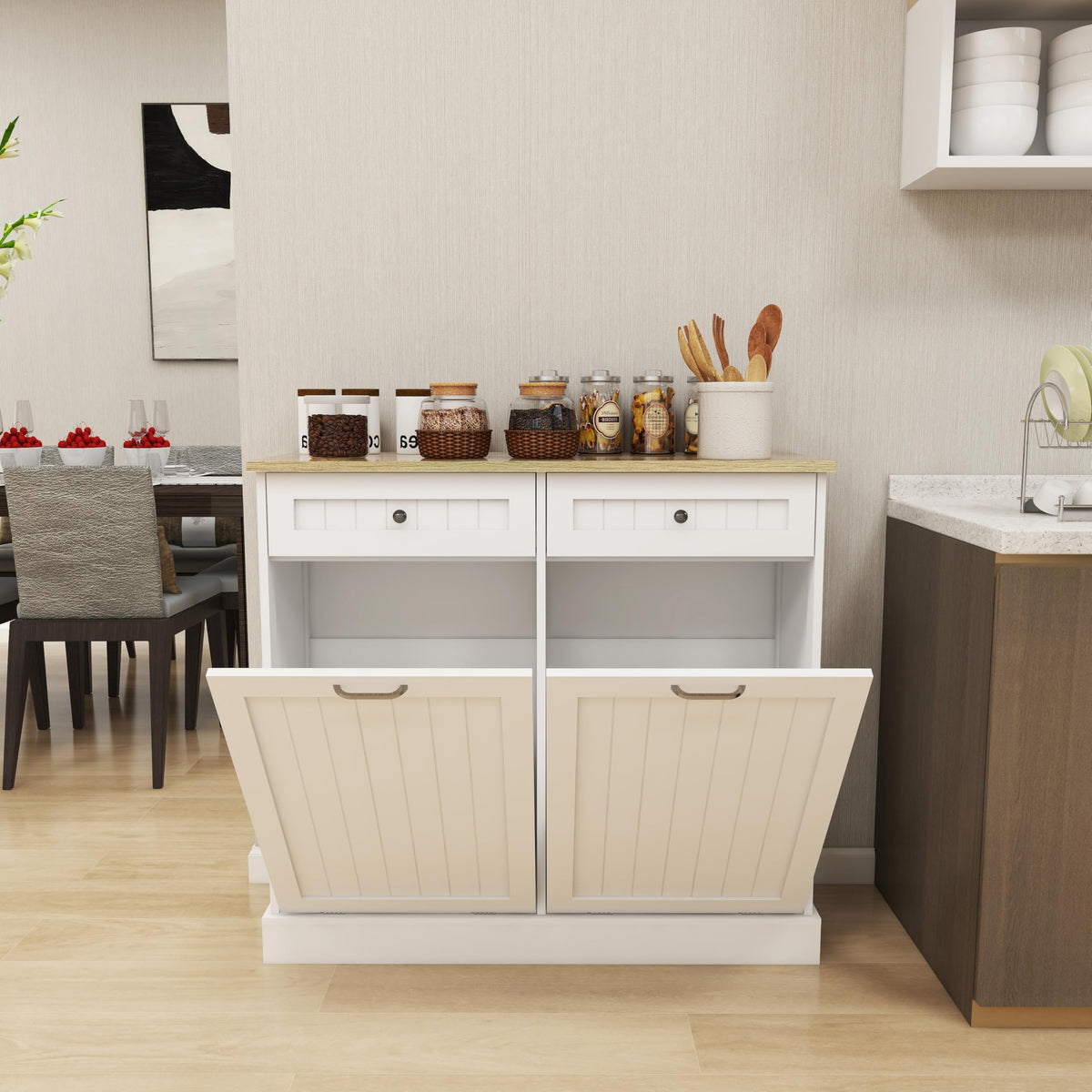 White 2x10 Gallon Solid Wood Trash Cabinet O30538