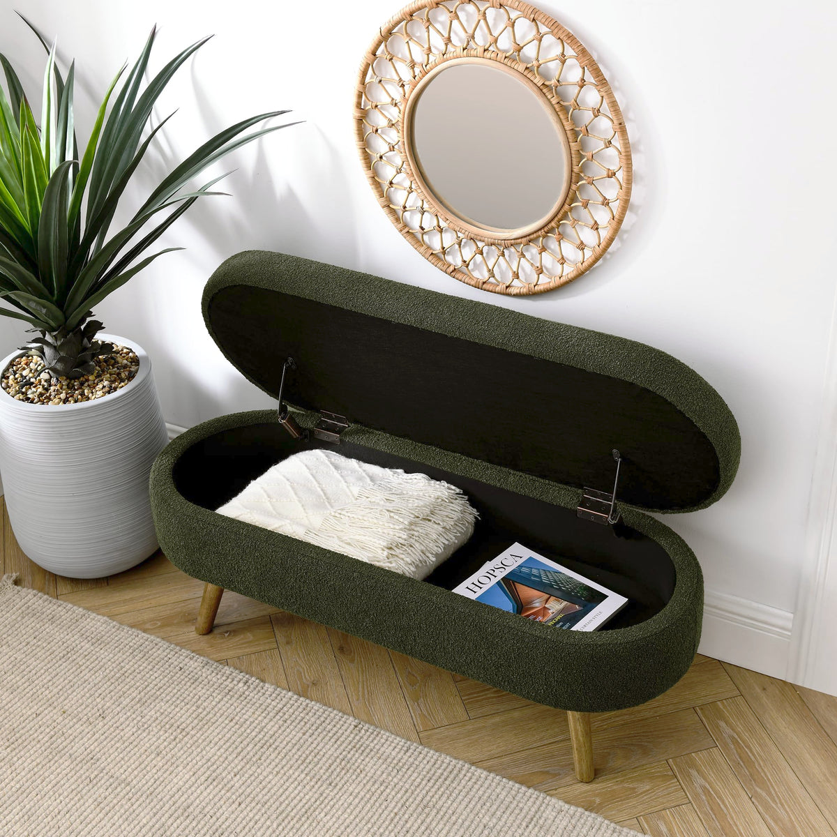 Oval Storage Bench with Rubber Wood Legs Green D33474