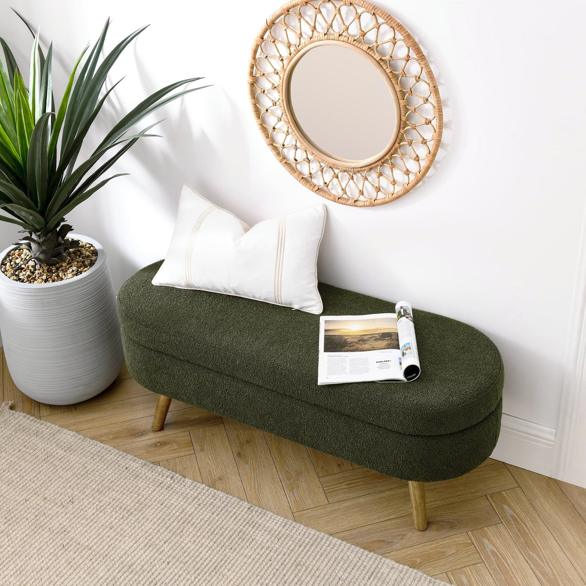 Oval Storage Bench with Rubber Wood Legs Green D33474