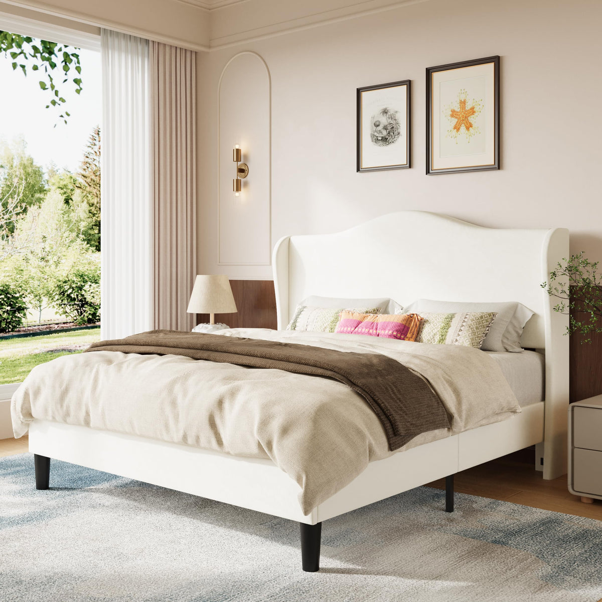 Queen Size Bed Frame with Wingback Headboard Y978160