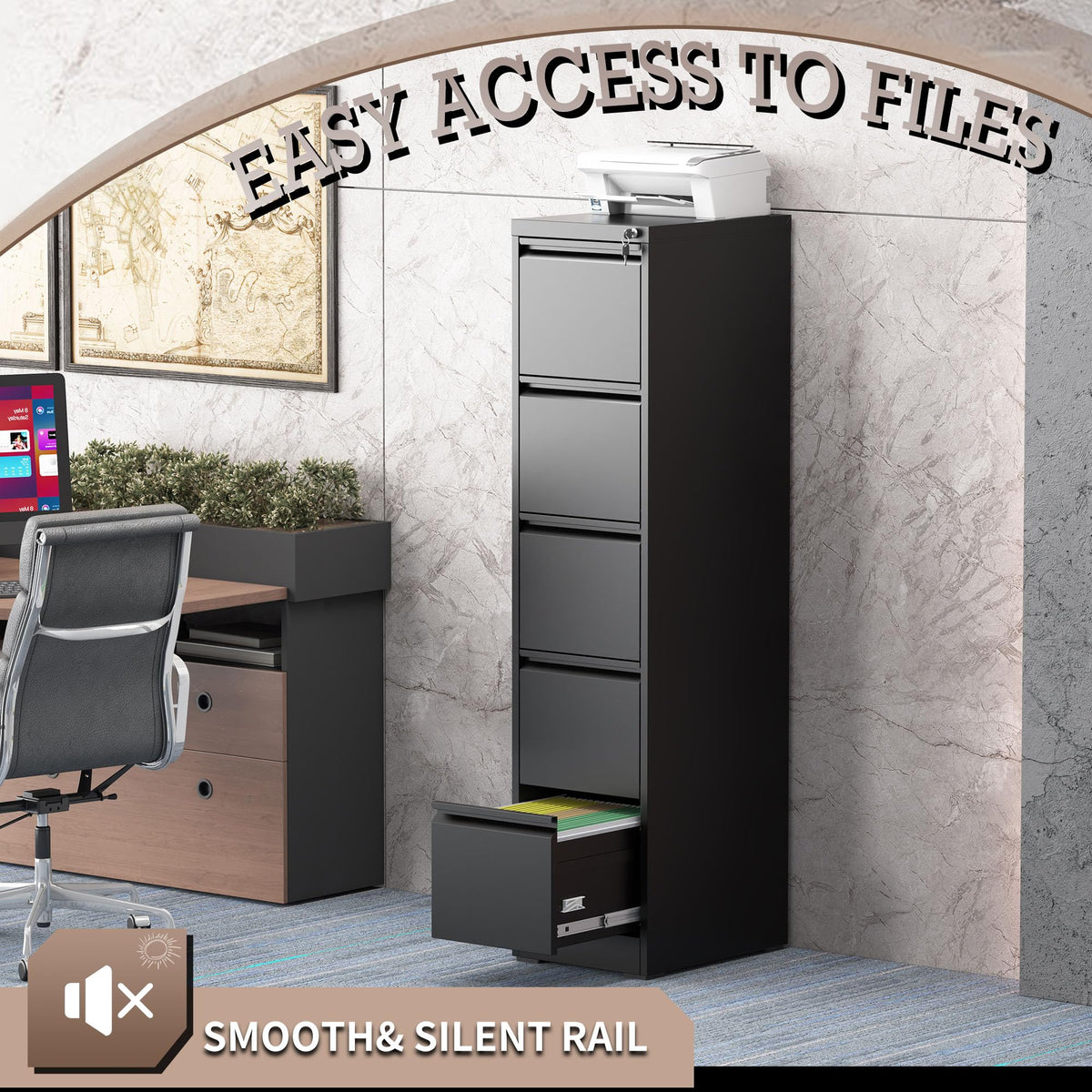 5 Drawer Black Filing Cabinet with Lock Q13527