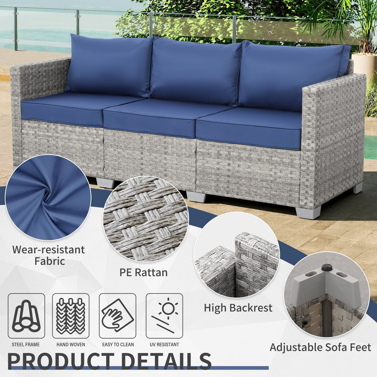 3 Seater Grey Wicker Patio Sofa with Navy Blue Cushion S456