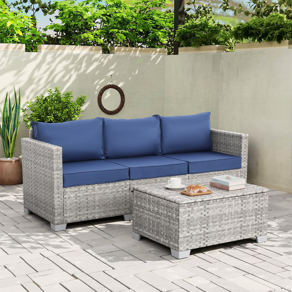 3 Seater Grey Wicker Patio Sofa with Navy Blue Cushion S456