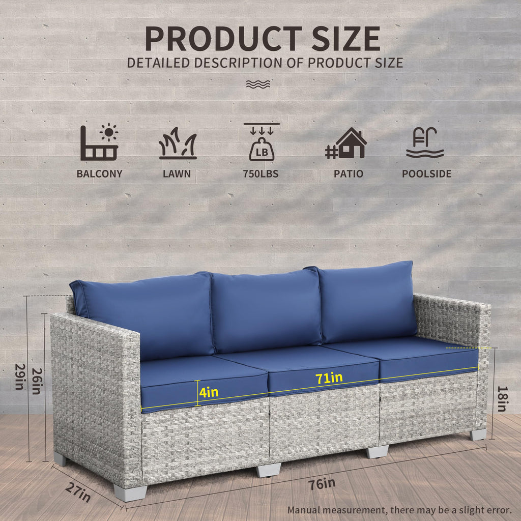 3 Seater Grey Wicker Patio Sofa with Navy Blue Cushion S456