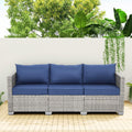 3 Seater Grey Wicker Patio Sofa with Navy Blue Cushion S456