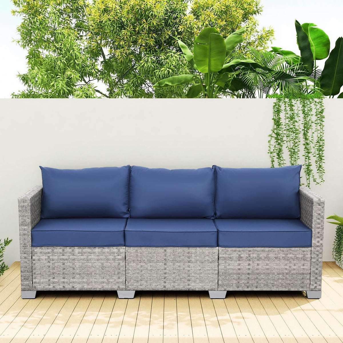 3 Seater Grey Wicker Patio Sofa with Navy Blue Cushion S456