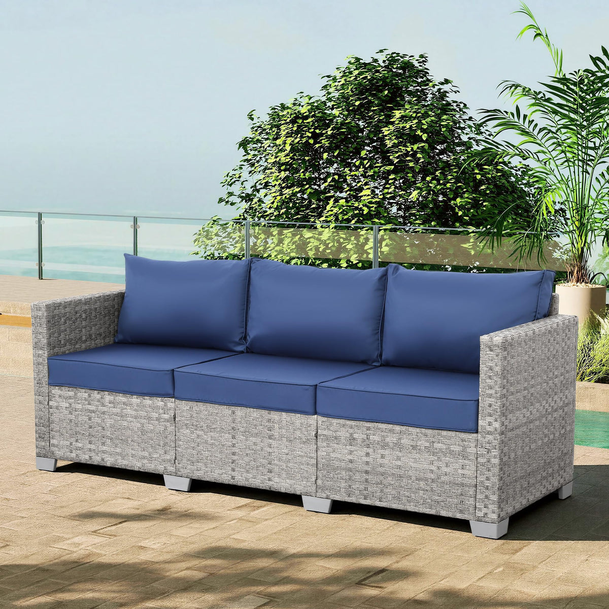 3 Seater Grey Wicker Patio Sofa with Navy Blue Cushion S456