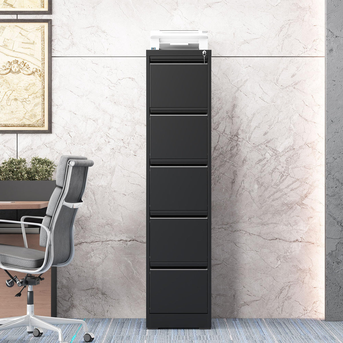 5 Drawer Black Filing Cabinet with Lock Q13527